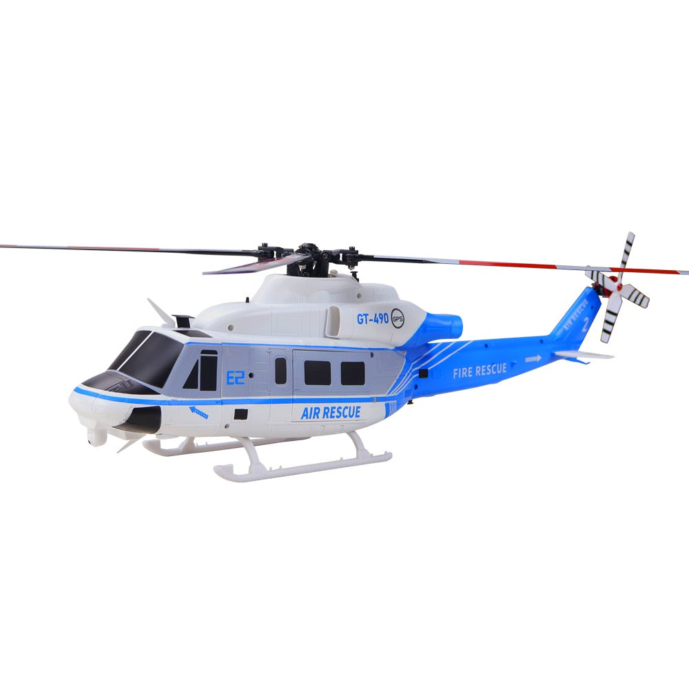 GOOSKY E2 GPS Air Rescue RC helicopter in blue and white, front three-quarter view