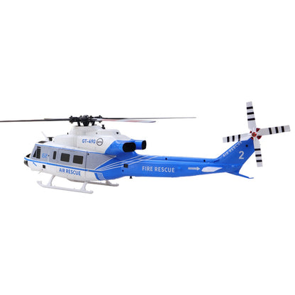 GOOSKY E2 GPS Air Rescue RC helicopter, left side view with Fire Rescue tail