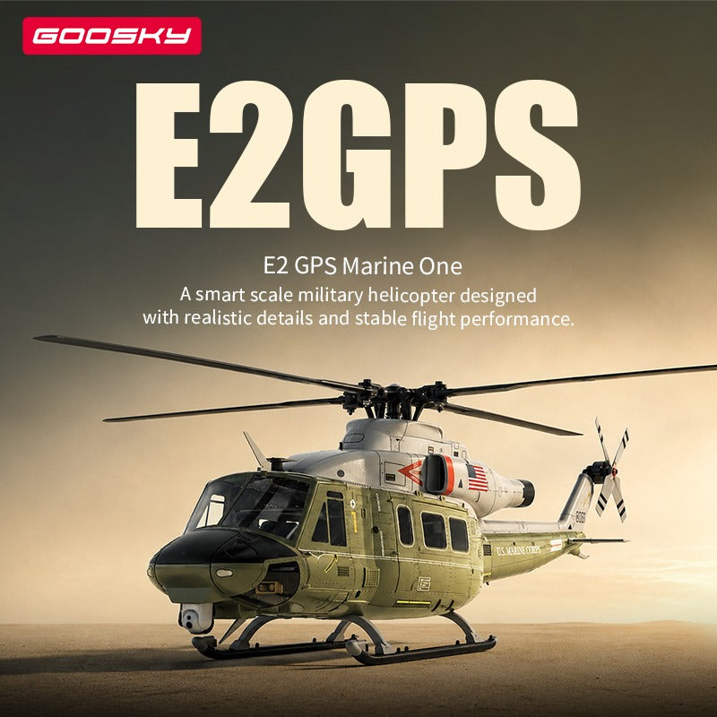 GOOSKY E2 GPS Marine One RC helicopter on a desert landing zone